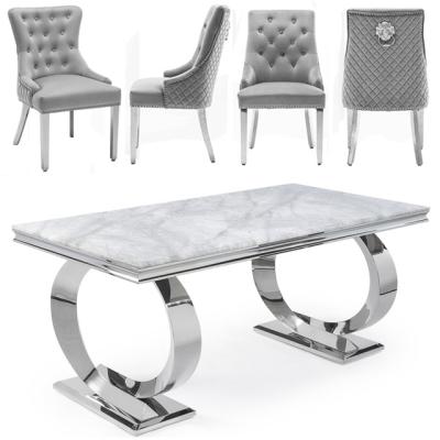 China Modern 1.8m Polished Steel Dining Gray Marble Table Set with 6 Gray Brushed Velvet Dining Chair for sale