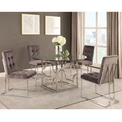 China Modern 1.3m Circular Polished Steel And Transparent Tempered Glass Dining Table Set With 4 Velvet Dining Chairs for sale