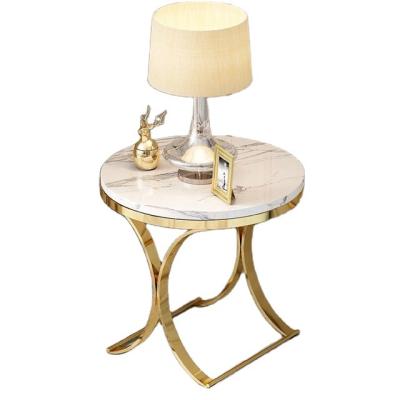 China Gold Modern Round Faux White Marble Table X-base Marble Side End Table for sale