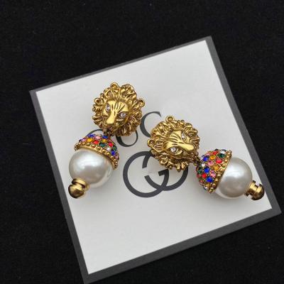 China New Exaggerated Luxury Animal Je Fashion Female Punk Lion Head Double G Stud Earrings Rhinestone FASHION Colorful Pearl Dangle Earrings for sale