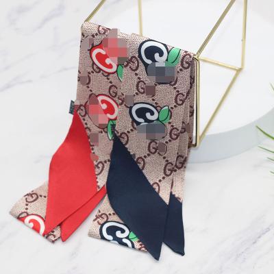 China Luxury brand long silk scarf for women letter printed handle bag ribbons brand head scarf fashion small long skinny scarves for sale