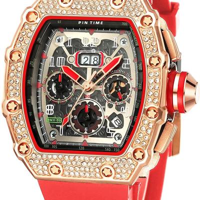 China Automatic Date Luxury Bling Brand Iced Out Skeleton RM Tonneau Big Dial Sports Hip Hop Chronograph Quartz Military Male Watches Waterproof 8087 for sale