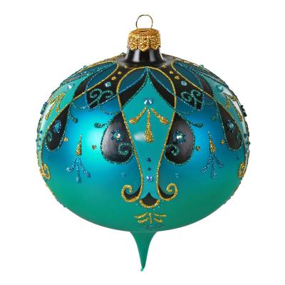 China 2021 Europe Souvenir Christmas Glace Ball Ornament, Turquoise Blue and Gold Ornate Onion, Blown Glass for sale