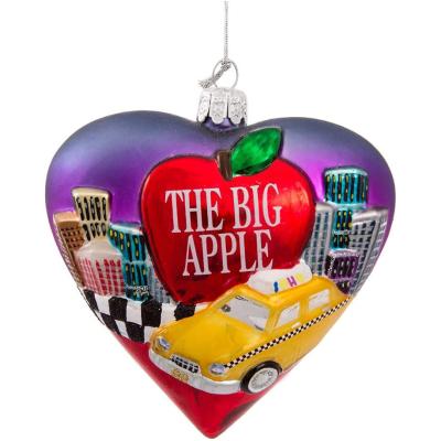 China Europe Heart Shape New York Cityscape Ornament Hanging Glass Chirstmas Tree Decoration Ornament for sale