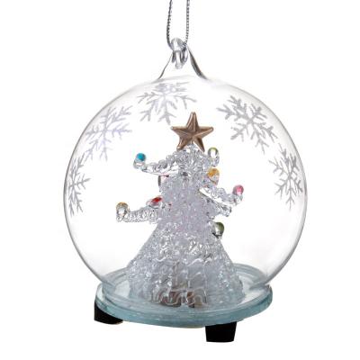 China Handmade Hand Painted Clear LED Glass Ball Ornament With Christmas Tree for sale