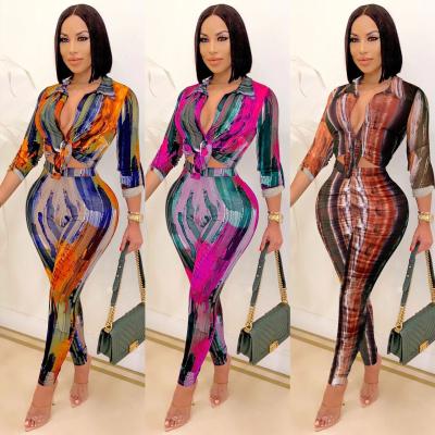 China Anti-pilling hot sale R08274 - pants and top casual v-neck printed long sleeve women clothing 2 piece set for sale