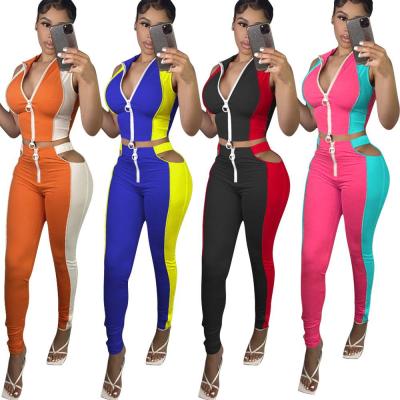 China Anti-pilling 2021 R06192 - sleeveless two piece women pant sets and fashion patchwork top casual solid zippers for sale