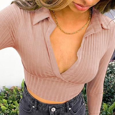 China Anti-pilling hot sale R10193 - fashion casual solid v neck turn down collar longs sleeve knit women t-shirt for sale