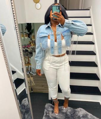 China New R09035 Sustainable - Fashion Denim Solid Turn Down Collar Tassel Long Sleeve Backless Women Jeans Coat for sale