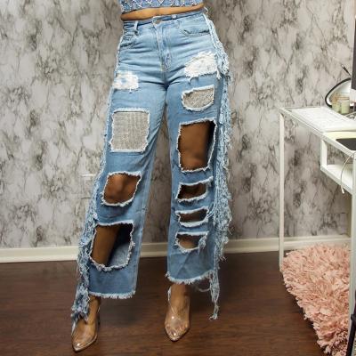 China New Viable R09033 - Fashion Denim Solid Hole Tassel Women Loose Jeans for sale