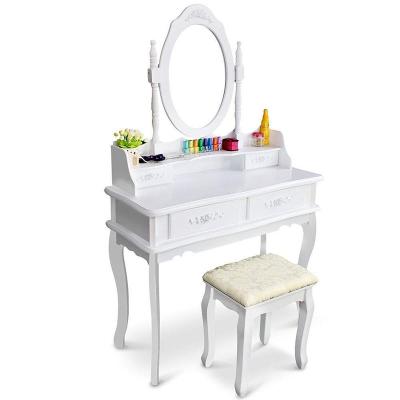 China (Size)Adjustable White Vanity Makeup Dressing Table Set Wooden Jewelry Desk w/Stool 4 Drawer&Mirror for sale