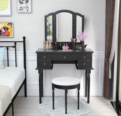 China Eco-Friendly Vanity Table Set w/Tri-Folding Mirror, Wooden Makeup Table & Round Stool & 5 Drawer Storage, Girls Womens Bedroom Furniture Dressi for sale