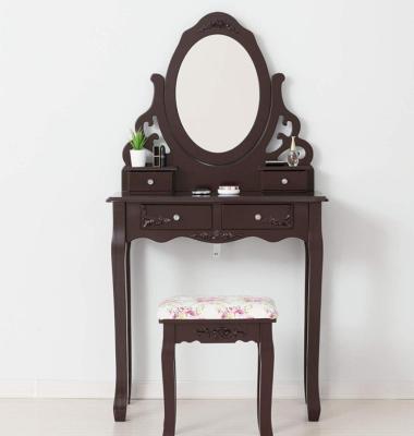 China Eco - Friendly Wooden Dressing Table Set With Hand - Carved Brown Cosmetic Mirror 4 Drawers With Cosmetic Mirror for sale