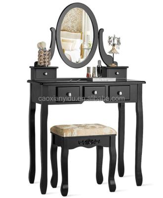 China Dresser Vanity Table Set with Rotating Oval Mirror, Bedroom Makeup Table with 5 Drawers for Women Girls, Dressing Table with Cushioning for sale