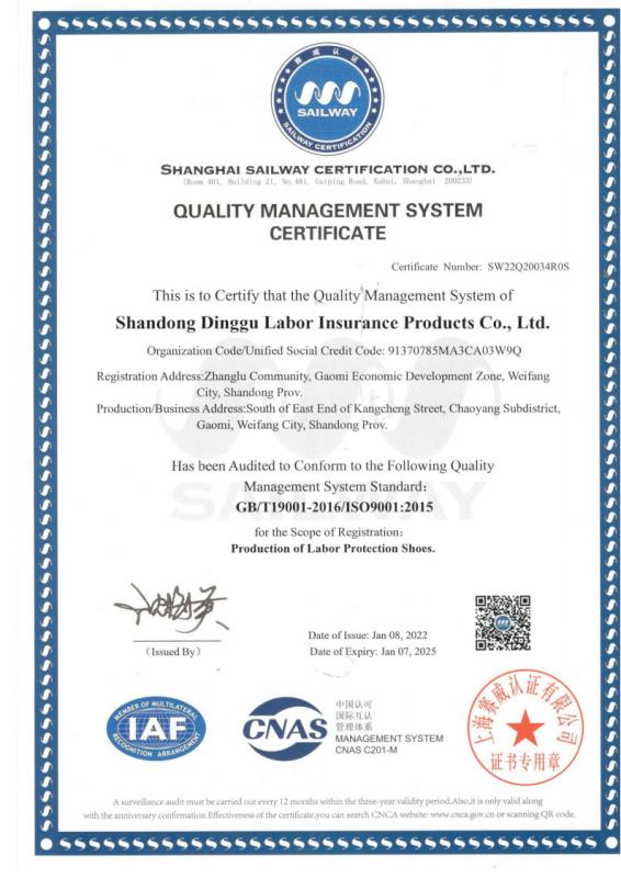 ISO9001 - Shandong Dinggu Labor Insurance Supplies Co., Ltd.