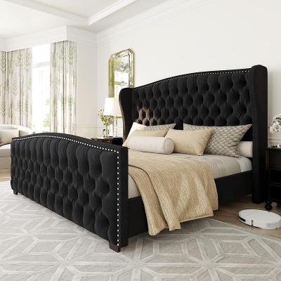 China Other Queen Size Platform Bed Frame, Velvet Upholstered Bed with Deep Button Tufted & Nail head Trim Wing back Headboard/No Box Spring for sale