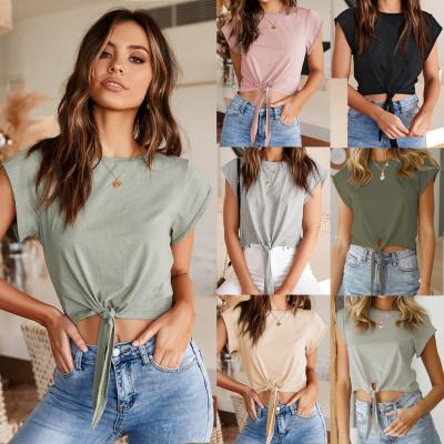 China Women's Casual Anti-wrinkle Sweater Tops Clothing Navel Cropped Neck Short Round Sleeve Summer T-shirt Women for sale