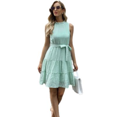 China Women 2022 Anti-Static Ladies Solid Color Vintage Belt Summer Casual Dress Lace Up for sale