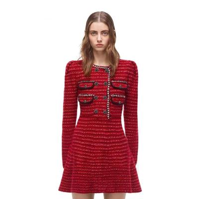 China Winter Anti-Static Women's Autumn Clothing Casual Elegance Bowknot Red Long Sleeve Ladies Knit Dress for sale