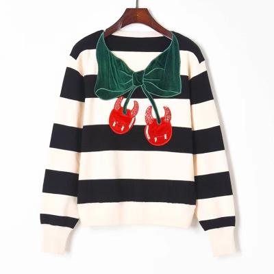 China 2021 Autumn New Winter Fashion Anti-wrinkle Shielding Cherry Embroidered Striped Knitted Top Women Sweater for sale