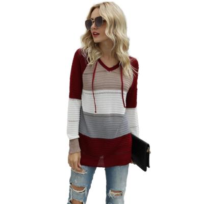 China 2021 Fall Winter Anti-wrinkle Long Sleeved Fashionable Ladies Pullover Hoodie Striped Women Knitted Sweater for sale