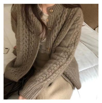 China Anti-wrinkle Round Neck Winter Thick Ladies Twist Cashmere Knitted Cardigan Sweater Women for sale