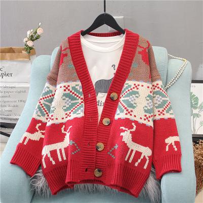 China 2021 Autumn Winter Loose V-Neck Red Deer Jacquard Christmas Sweater Ladies Anti-wrinkle Women's Sweater Cardigan for sale