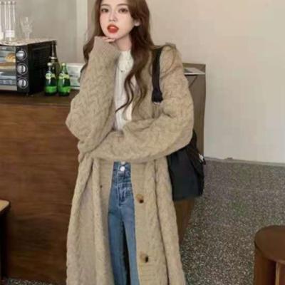 China 2021 Autumn New Winter V-neck Solid Color Coat Anti-wrinkle Above Knee Long Twist Knit Cardigan Women Sweater for sale