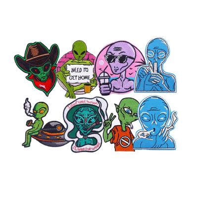 China Other ZD 2021 Fashion UFO Embroidered Iron On Aliens Patches For Apparel DIY Pattern Stripes Clothes Stickers Badges for sale