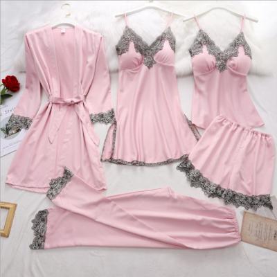 China 5 Piece QUICK DRY Women's Short Sleeve Silk Pajamas Lace Up Satin Casual Sleepwear Bathrobe Wholesale Set for sale