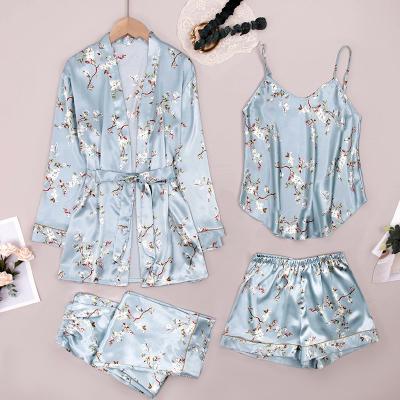 China Wholesale Floral Print QUICK DRY Satin Silk Women's Home Wear Nightgown Sleepwear Print Pajamas 4 Pieces Set Pajamas For Women Set Sets pajamas for sale