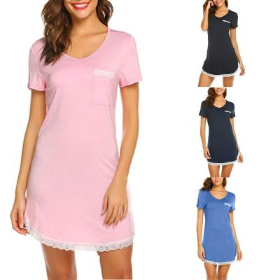 China Wholesale-Cotton Nightgowns Women Nightgowns Lace Trim V-Neck Sleeve Lady Casual Nightdress Sleep Nightgown QUICK DRY Short Dress Nightgowns for sale