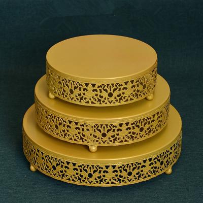 China Hollow Lace Edge 3 Tier Gold Round Metal Cake Stand Set Dessert Cupcake Pastry Display Dish Tray For Wedding Birthday Party Event for sale