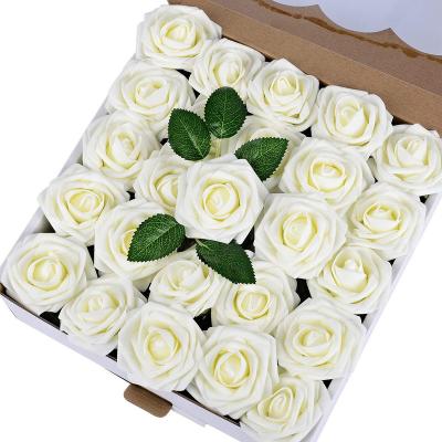 China Natural Foam Rose Flowers Real Looking Soft Touch 25 Pieces Ivory Rose Stem Artificial For Wedding Bouquets Party Bridal Centerpieces for sale