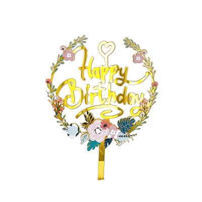 China Birthday ; Acrylic Cake Topper Wedding Gold Flowers Cake Topper Party Cake Decorations Happy Birthday Party for sale