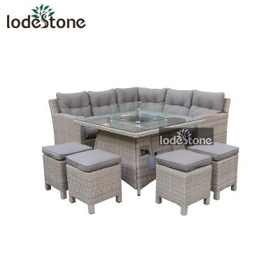 China All Weather Garden 5pcs Rattan Aluminum Corner Dining Sofa Set With Gas Firepit for sale