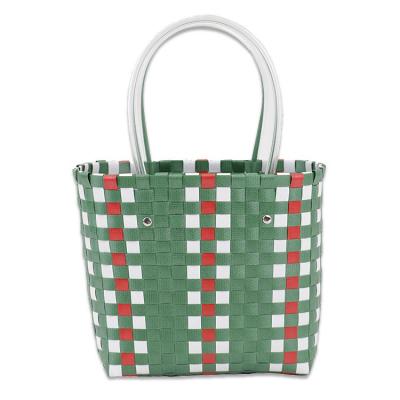 China Female Lattice Vegetable Basket Fashion Summer Vacation Beach Bag Colorful Woven Beach Tote Bag for sale