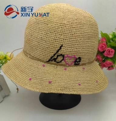 China Character lady natural color crochet raffia straw hat for sale