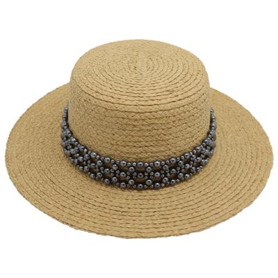 China 2021 New Fashion Character 4 Colors Wheat Raffia Unisex Wholesale Flat Top Hats With Pearl Chains for sale