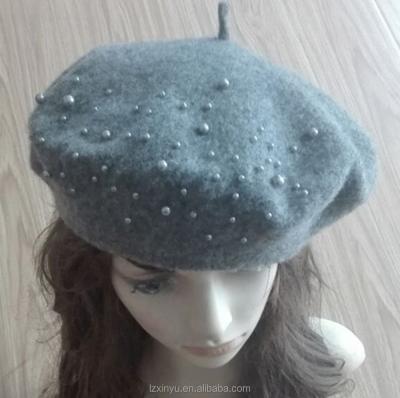 China Cheap plush woolen colorful beret with rhinestone and pearl decoration for sale