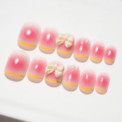 China Rose Gradient Full Cover Artificial Fake Nail Tips 24pcs Summer Short Fake Nails Short Press On Nail Tips for sale