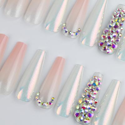 China Long Coffin Design False Nails Nude White Luxury Shiny Diamond Fake Nails Press On Nails Wholesale for sale