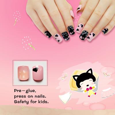 China Stick On Nails Wholesale Cute Fake Nails 24Pcs Cat Pink Non Toxic Press On Nails For Little Girls for sale