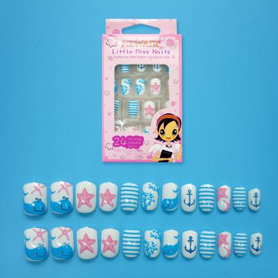 China 24Pcs Artificial False Nail Child Press On Nail Sea Style Blue Star Cartoon Kids Artificial False Nail for sale