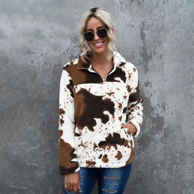 China High Quality Half Leopard Wool Anti-wrinkle Lambs Sweater Collar Quilting Women Scare Fluffy Fleece Long Sleeve Sherpa Hoodie Sweater for sale