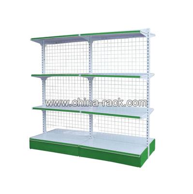 China Wire Mesh Display Rack And Supermarket Gondola Display Book Stand With Wire Mesh Back Penal And Hooks for sale