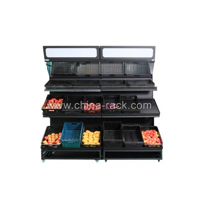 China Fruit and vegetable supermarket double sided hot selling display stand with basket for sale