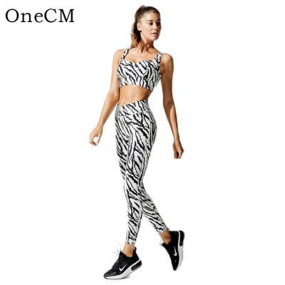 China Breathable Black And White Stripes Digital Printing Fitness Females Sports Yoga Two Piece Suit for sale