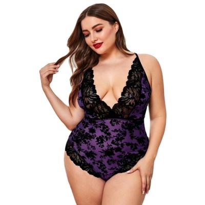 China Polyester Women Pajama Sets Deep V Lace Up Floral Patchwork Sleepwear One Piece Set Lingerie Home Loungewear Suit Plus Size for sale