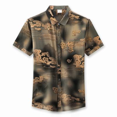 China 2021 Men's Breathable Silk Men's Shirt Chinese Style Short Sleeve Breathable Printed Shirts New Silk Satin for sale